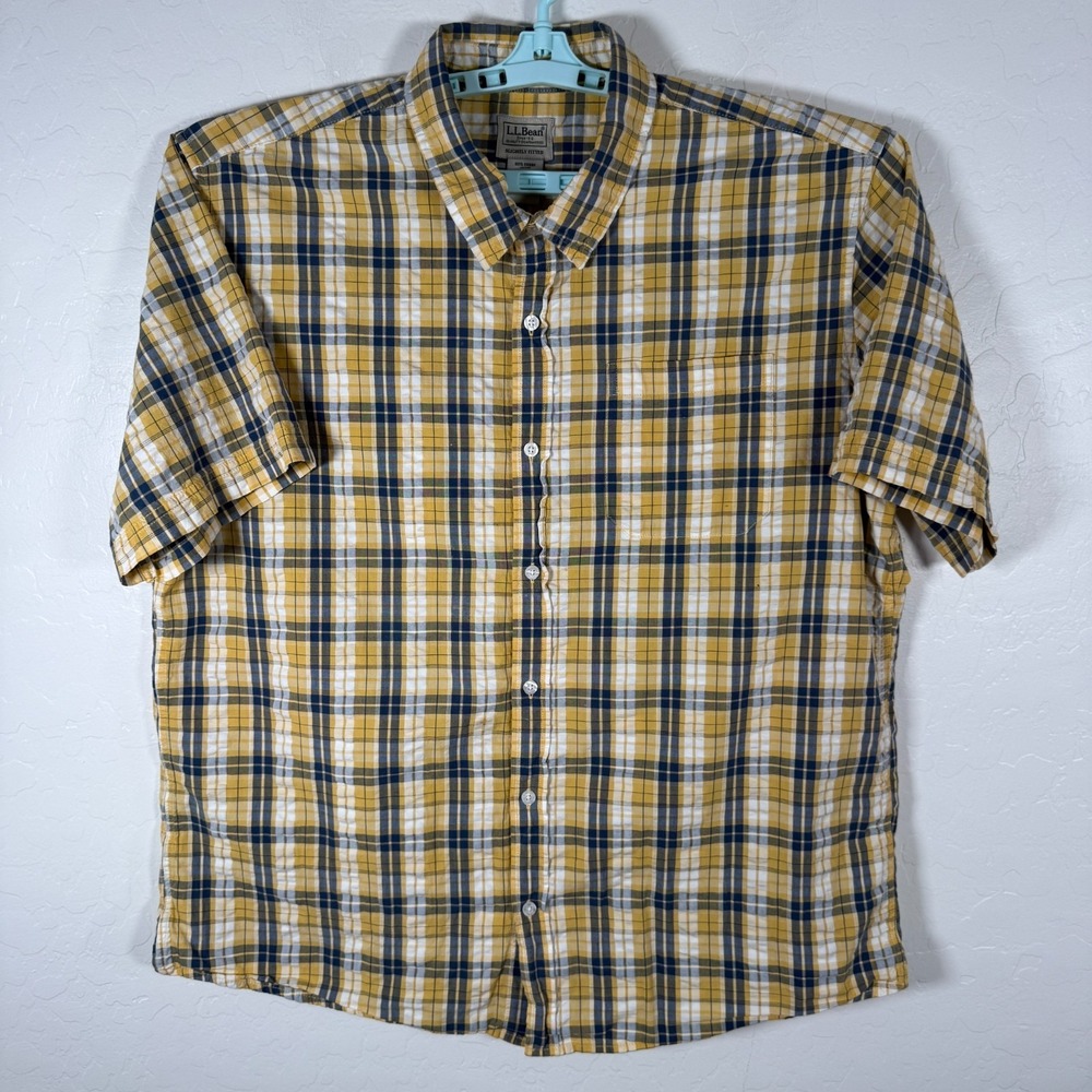 LL Bean Shirt Mens XL Yellow Blue Button Down Seersucker Outdoor Plaid Fitted